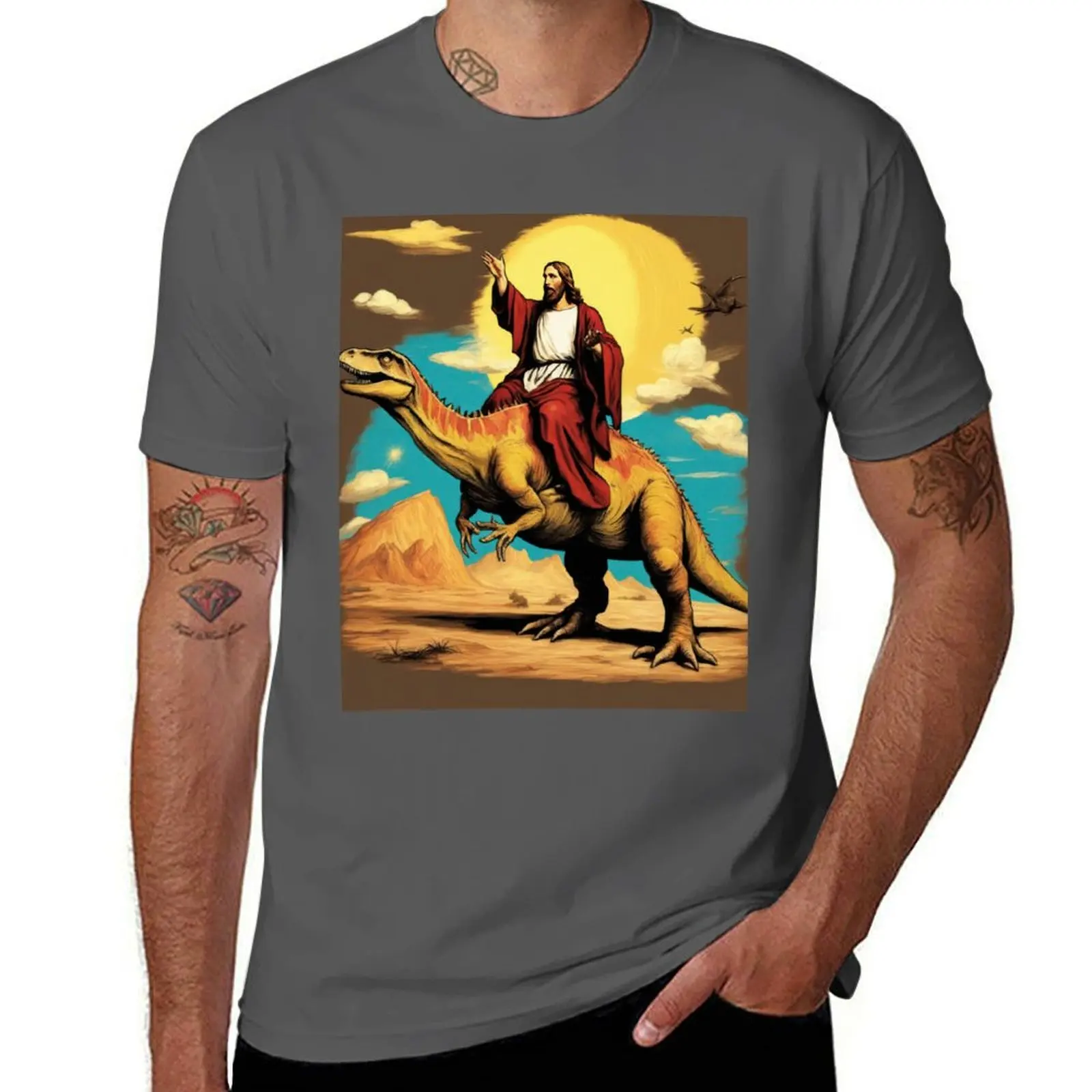 Jesus Christ riding a dinosaur. The Quirky Tale of Jesus Christ Riding a Dinosaur T-REX: A Funny Twist on Christianity T-Shirt