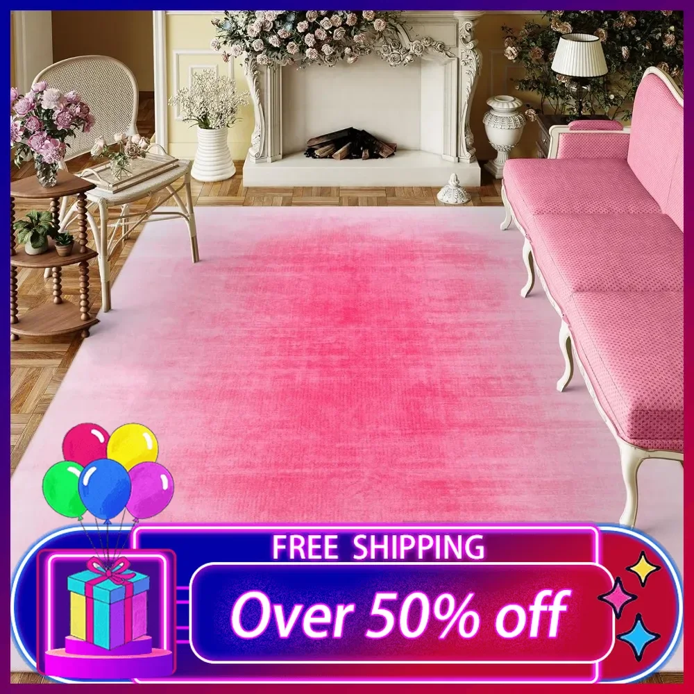 

8x10 Area Rugs, Hot Pink Rugs for Living Room Bedroom Girls, Contemporary Carpet Large Washable Rug Non-Slip Soft Nursery Rug