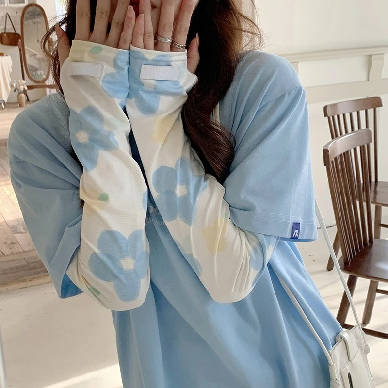 1 زوج الأزهار نمط المرأة أكمام أذرع تبريد الدراجات مكافحة حروق الشمس كم كول إفشل أغطية للذراع في الهواء الطلق حماية الشمس الجليد الحرير كم