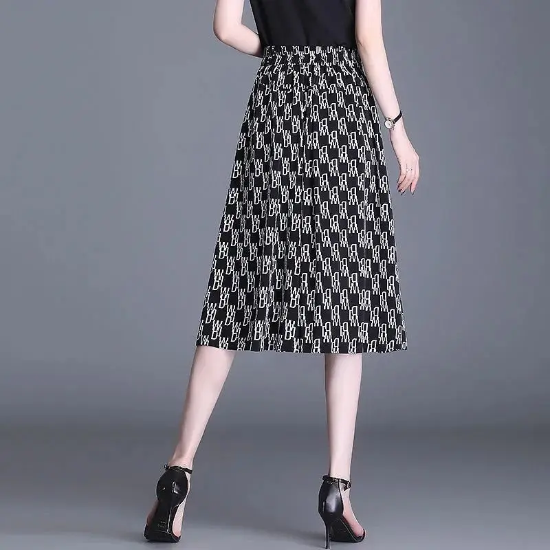 Summer New Fashion Simple Elegant High Waist Wide Leg Pants Women Print Letter Pockets Loose Casual Straight Thin Casual Skirts