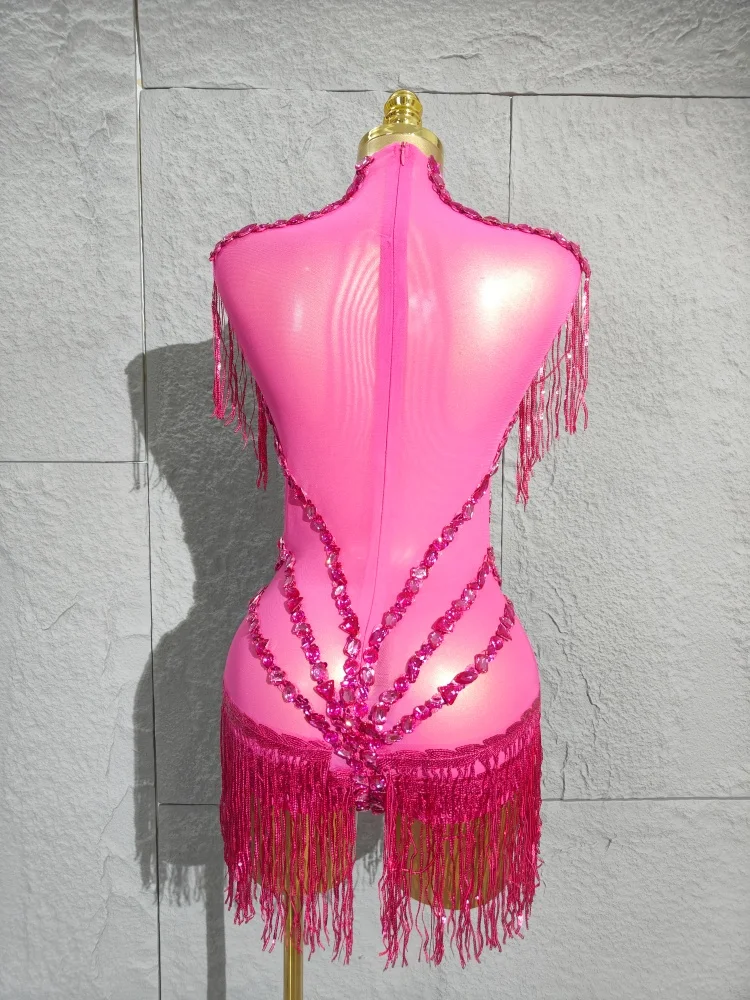 Avant-Garde Sexy Shining Sequins Tassel High Stretch Bodycon Bodysuit Latin Dancer Performance Costume Stage Wear