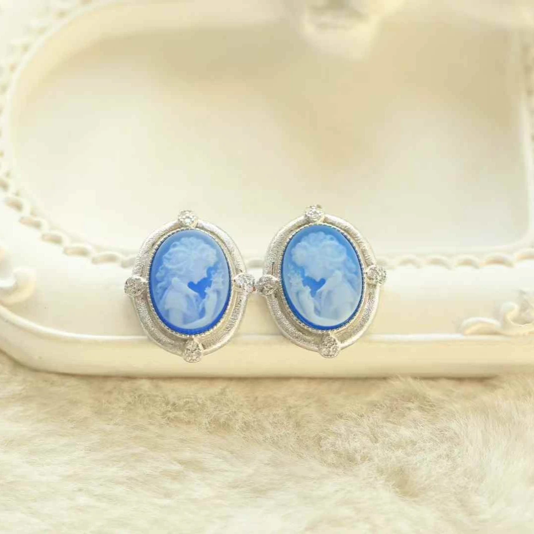 Agate Cameo Series Jewelry Set with Relief Daffodil Goddess Design Pure Silver Inlaid Pendant Ring and Earrings Set for Women view 4