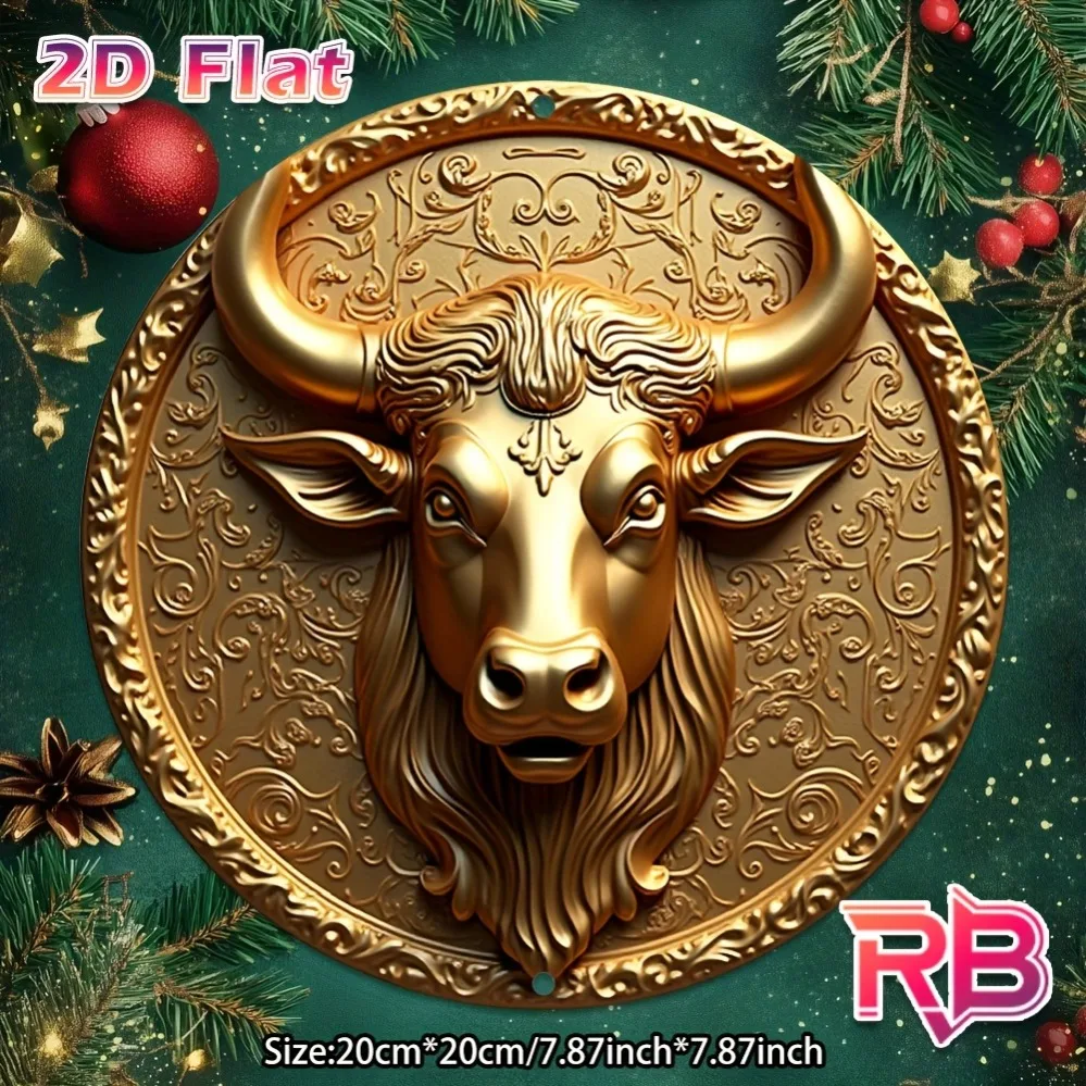 Vintage 2D Flachdruck 3D-Effekt Goldener Stierkopf Rundes Blechschild, Retro Luxus Stier-Tierkreiszeichen Porträt mit Verziertem Blumenmuster
