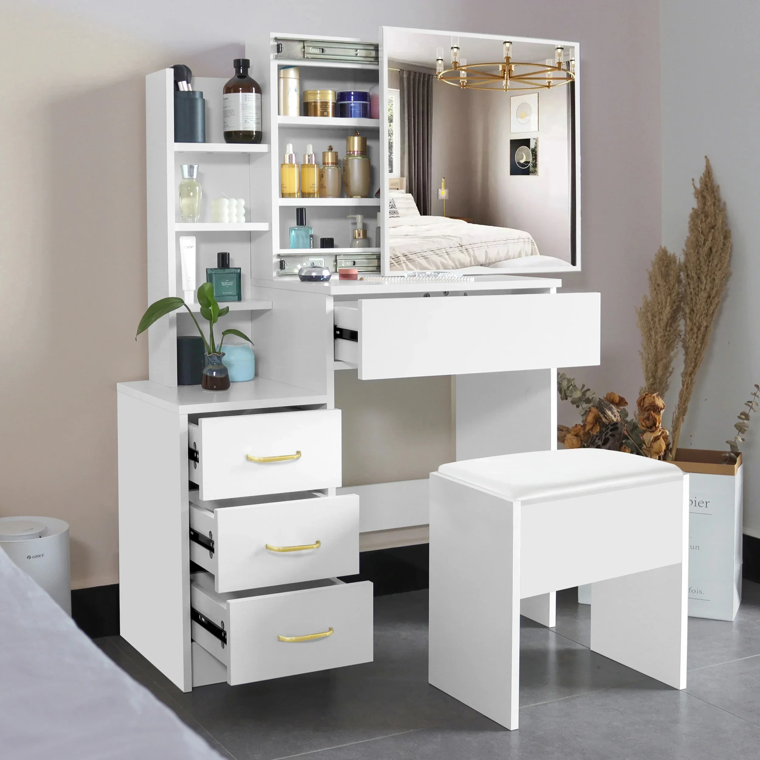 Bedroom Furniture Dressing Table with Sliding Mirror Stool Makeup Vanities for Bathroom and Hall for Bedroom Use