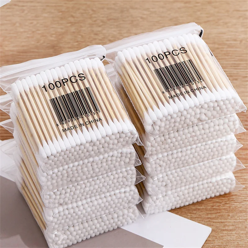 500 個無香料綿棒双頭木製スティックメイク落とし & クリーニング耳綿棒使い捨て