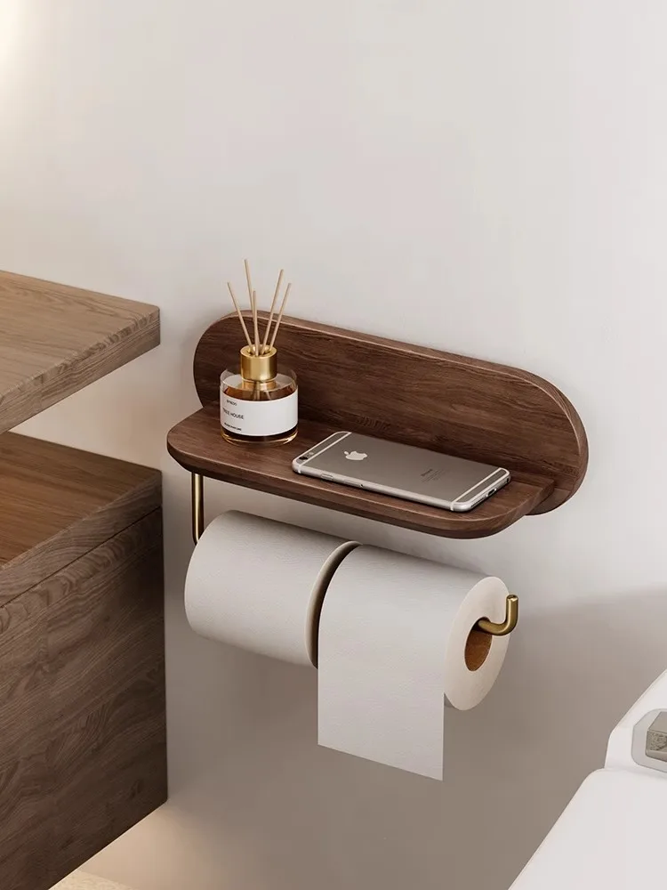 Black Peach wood Stainless Steel Tissue Paper Rack Bathroom No Drilling Required Wall-Mounted Roll Paper Tissue Box Storage Rack
