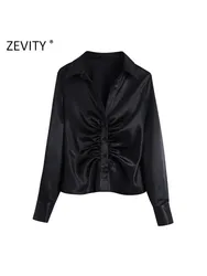 Zevity Women Elegant Pleated Design Black Satin Slim Blouse Office Ladies Single Breasted Shirts Chic Chemise Blusas Tops LS9724