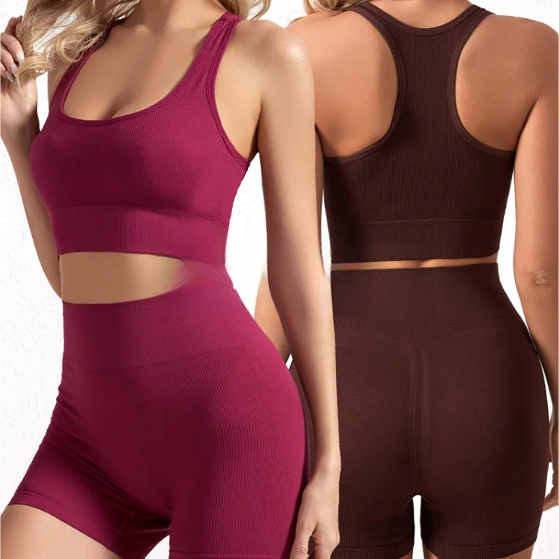 New solid color work back seamless knitting bra belly compression shorts sports running fitness yoga 2 piece set image 6