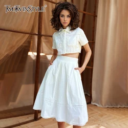 TWOTWINSTYLE Solid Two Piece Set For Women Lapel Short Sleeve Top High Waist A Line Skirt Temperament Sets Female Fashion New