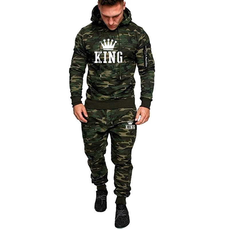 Pulôver Camo sem bolso masculino com capuz e calças compridas, roupa esportiva casual, roupa de jogging, 2 conjuntos