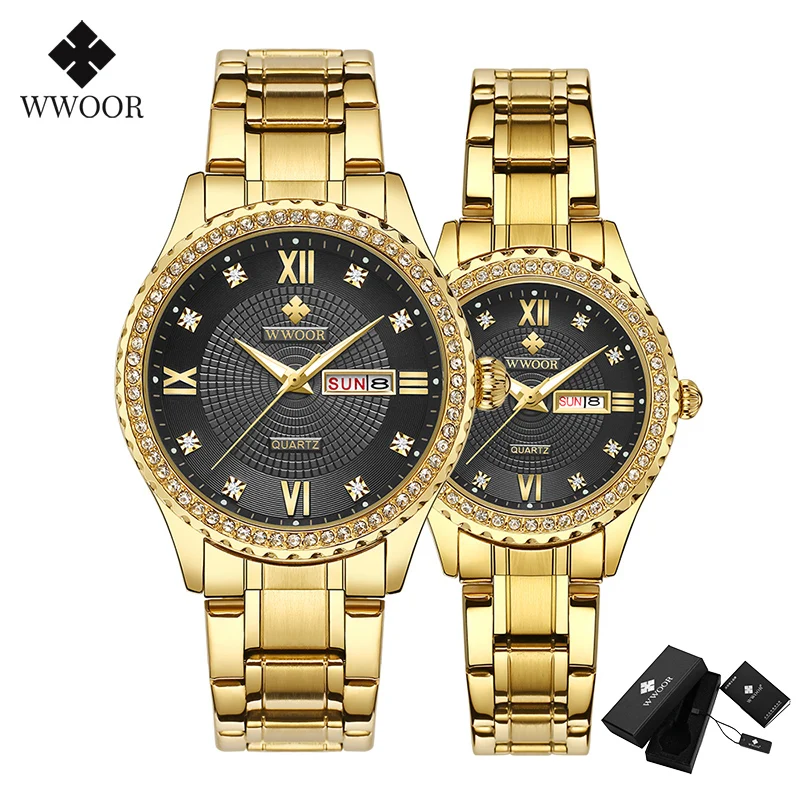 Fashion Wwoor Top Brand Luxury Diamond Gold Full Stainless Steel Quartz Lover Gifts For Men And Women Couple Pair Watch