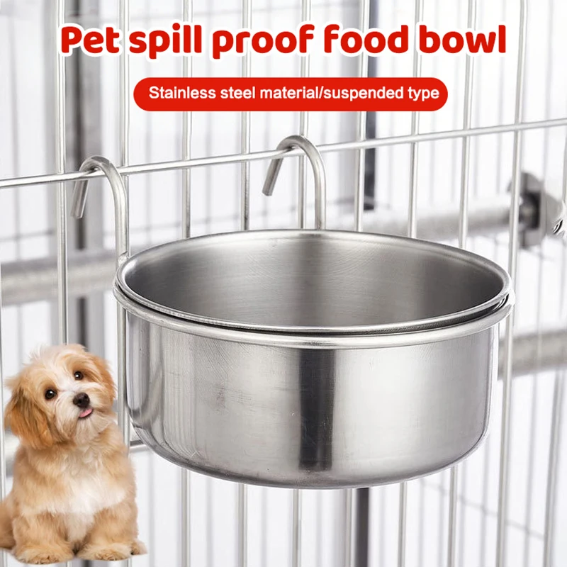 1Set Crate Dog Cat Bowl Stainless Steel Hanging Pet Cage Bowl Food Water Feeder Coop Cup For Cat Puppy Birds Rats 5 Sizes.