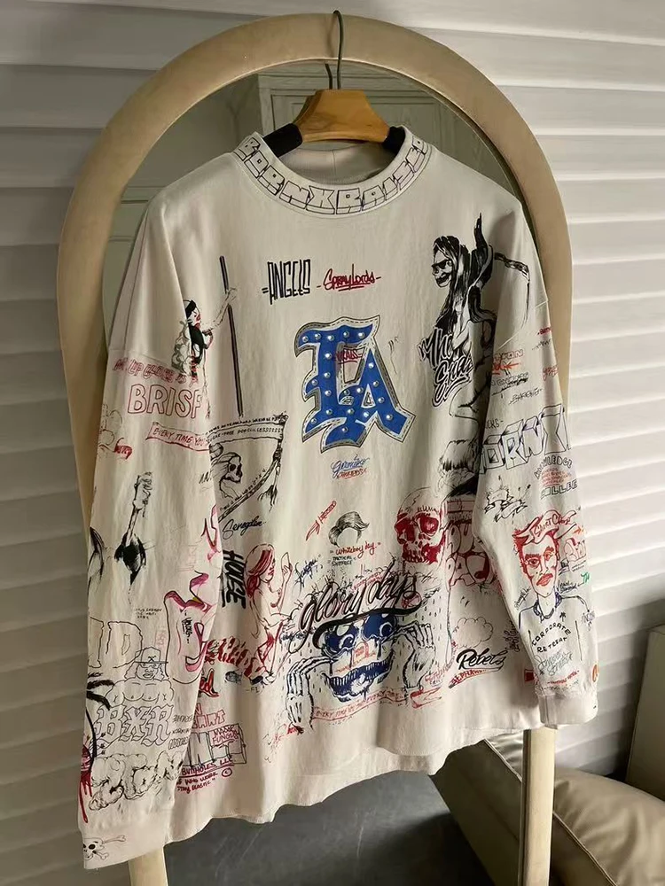 

Y2k Hip Hop Letter Printed Vintage Street Long Sleeved Men T-shirt Casual Loose Cotton Round Neck Oversize Tops Women Clothing