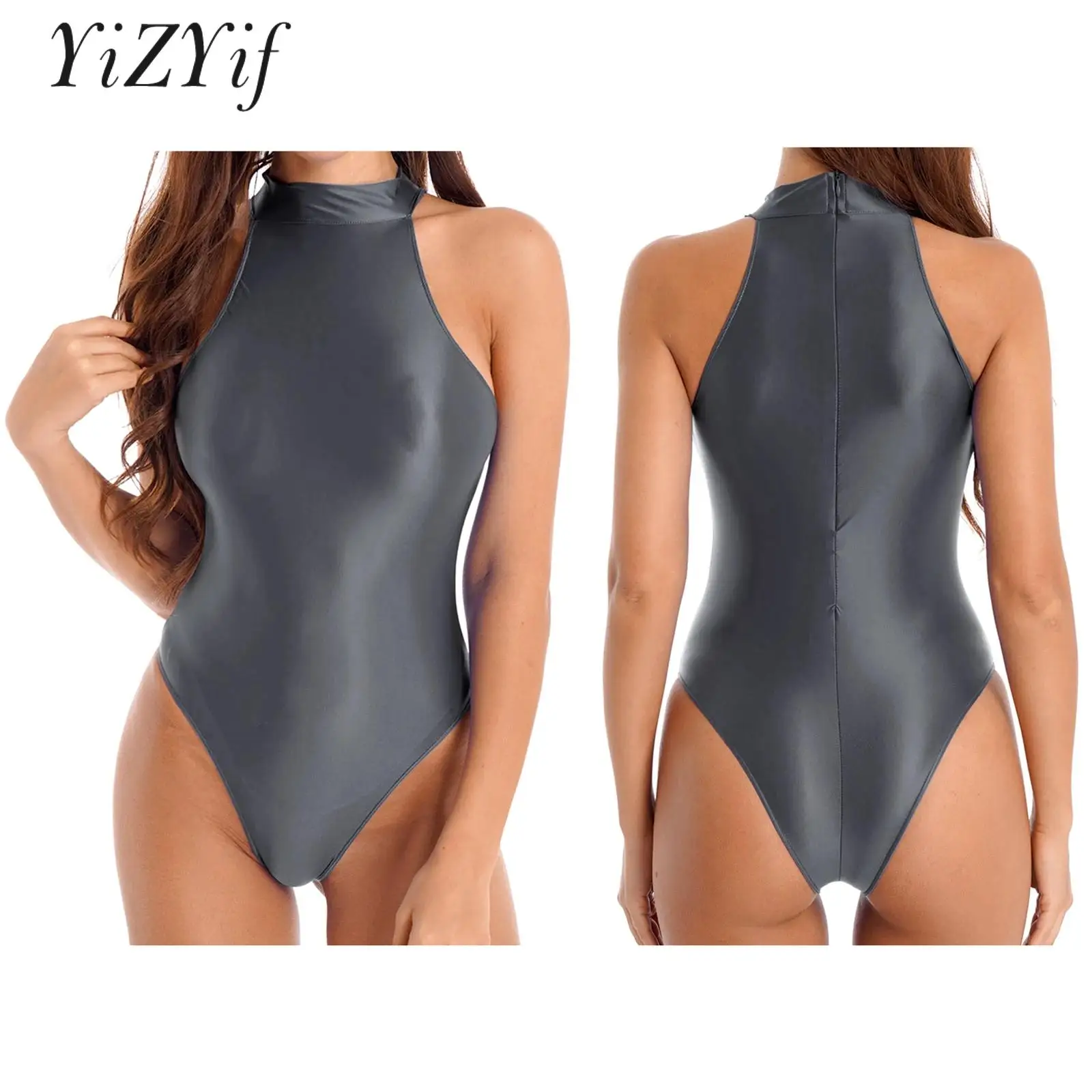 

Womens Glossy Back Zipper Solid Sleeveless High Cut Thong Leotard Swimwear Bodycon Bathing Suit Surfing Water Sport Jumpsuit