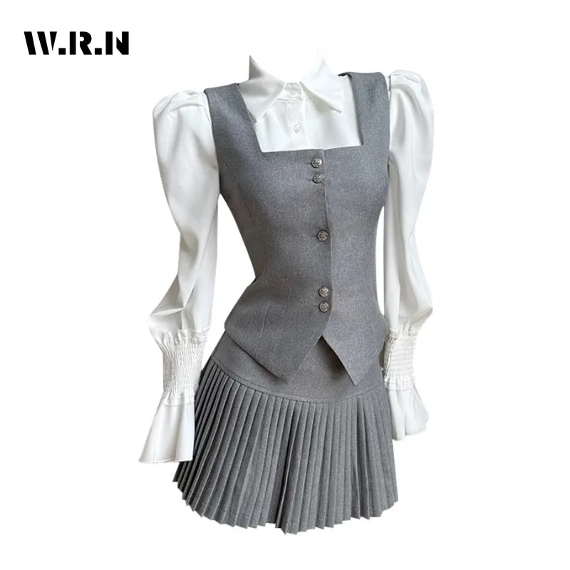 

2023 Autumn Preppy Style Elegant Style 3 Piece Set Women Vest Top +Long Sleeve Shirt +Pleated Short Skirt Sexy Skirt 2 Piece Set