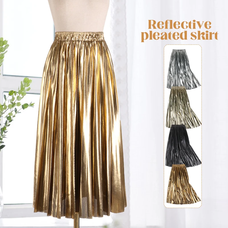 High Waist A-Line Midi Pleated Skirt For Women 2024 New In Autumn Winter Korean Fashion Gold Silver Elegant Long Skirts