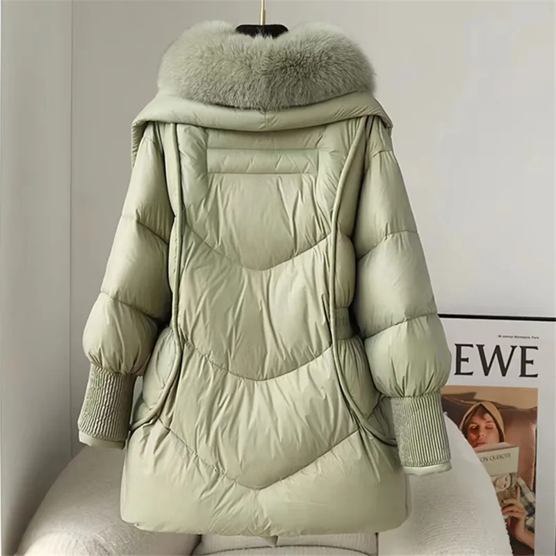 Single Breasted Coat for Women, White Goose Down Jacket,Fox Fur Collar Parkas, Thick Warm Clothing, Loose,Winter,New