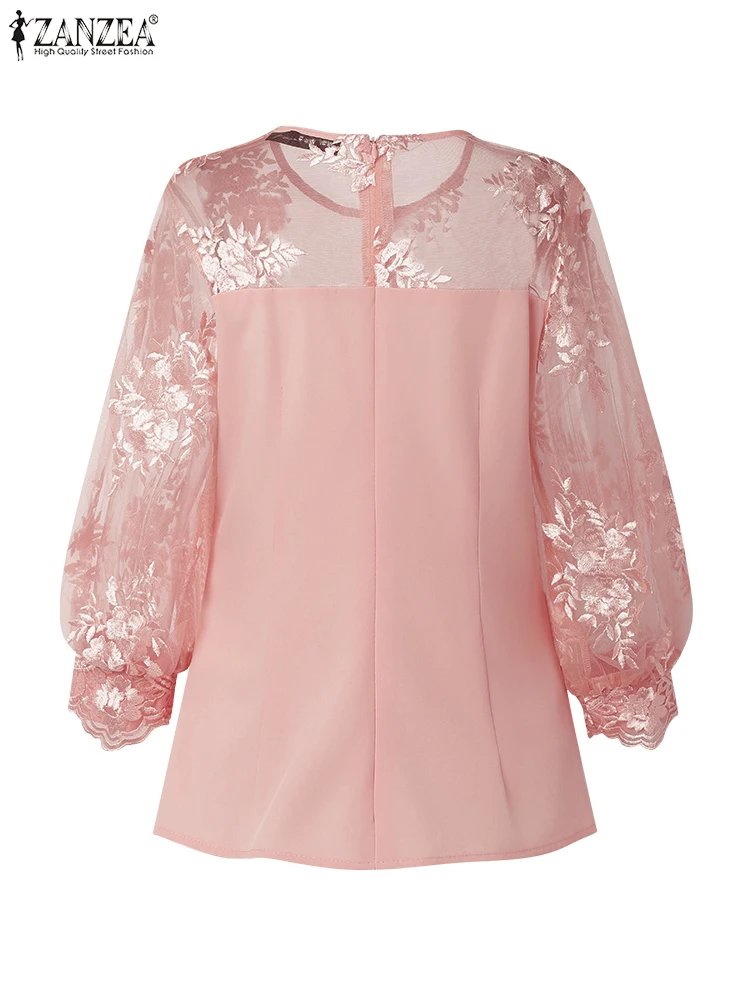 ZANZEA Elegant Blouse Women Shirts 2025 Autumn Puff Sleeve See-through Lace Fashion Tops O-Neck Loose Office OL Casual Blusas