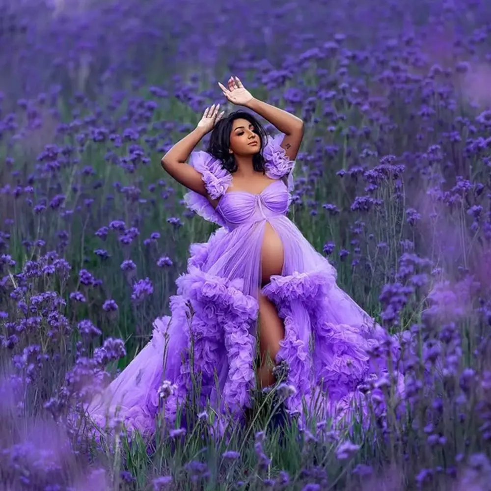 

Unforgetable Lavender Ball Gown Maternity Dresses Puffy Floor Length Open Front Multi Layered Pregnacy Gown for Photoshoot