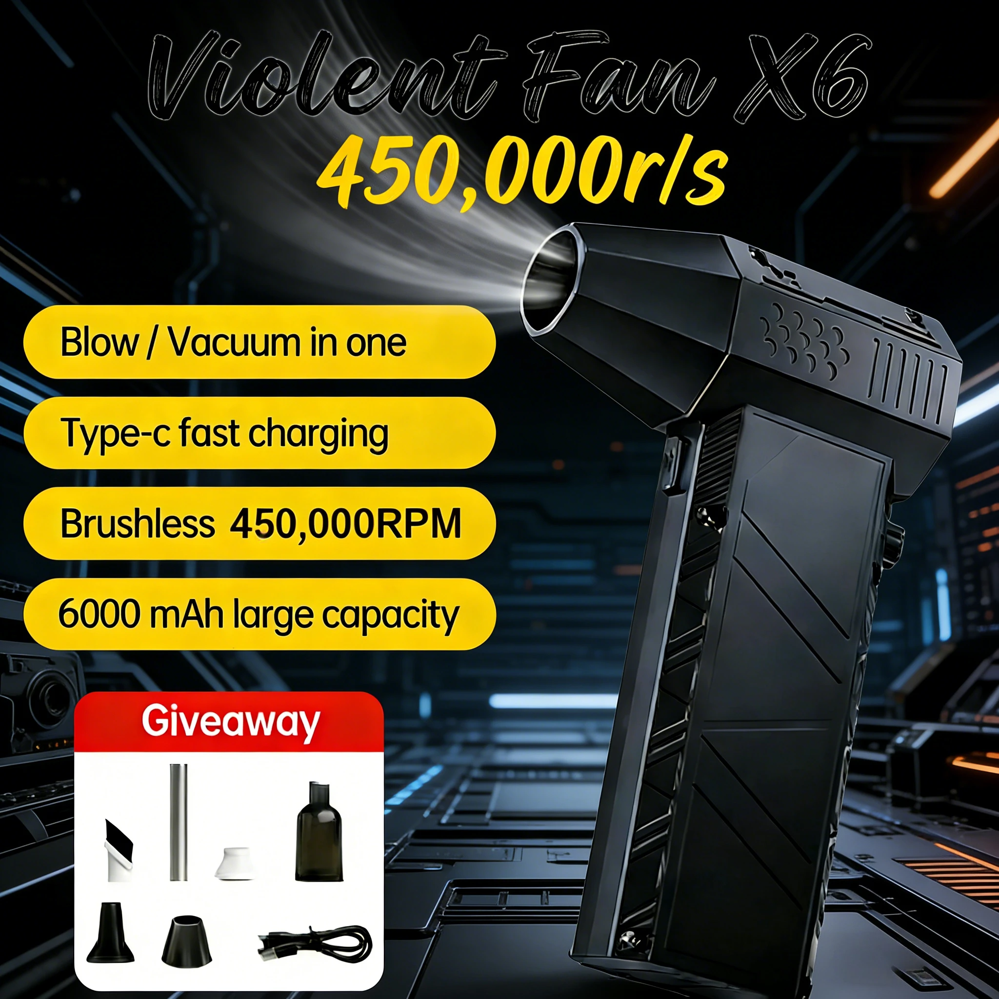 

Вентилятор для кемпинга X6 Snowy Hurricane | 800000 об/мин 150 Вт 53 м/с Высокоскоростной | Вентилятор для палатки с зарядкой Type-C, 6000 мАч, для использования на улице