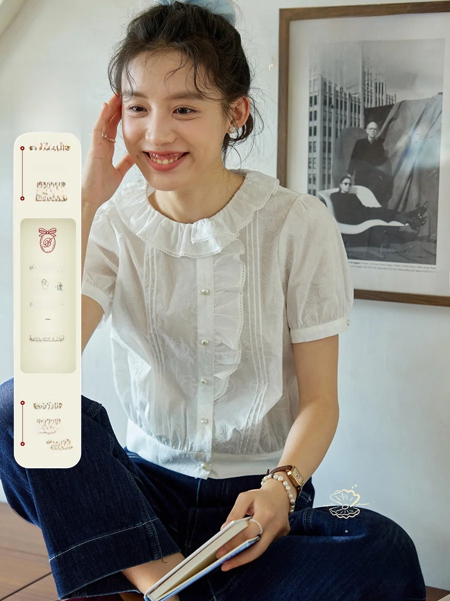 

Nov Et Texture Floing Floral irt White Cotton Bubble Sve Gauze Vintage Sle Women's Casual Faion Top