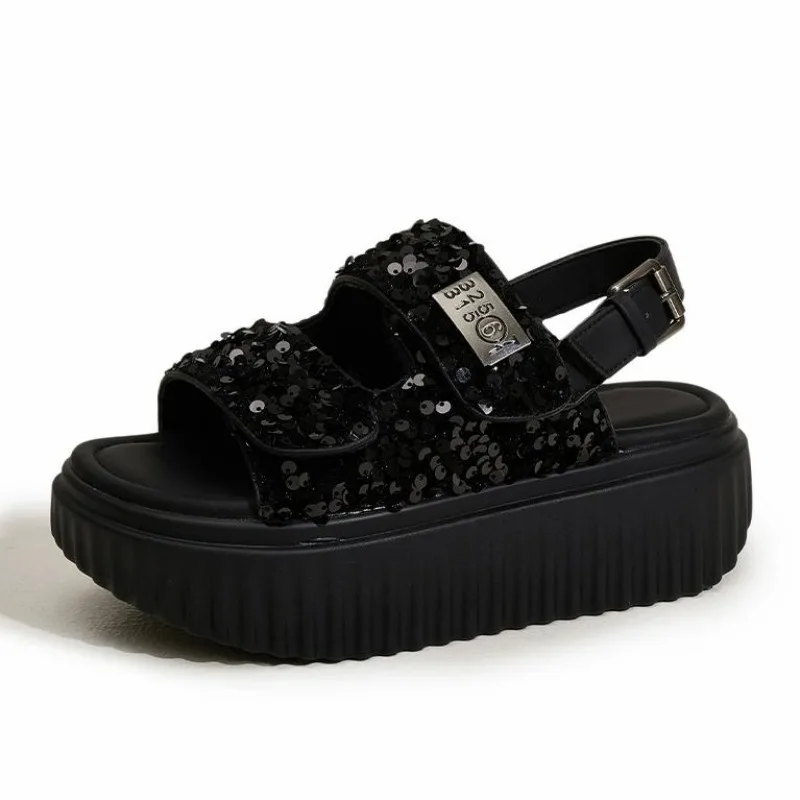 

Женские блестящие сандалии на высокой платформе 6 см, новые летние пляжные туфли на высоком каблуке на танкетке, прогулочные массивные тапочки, кожаные Sandalias Mujer