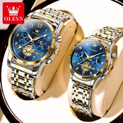 OLEVS Brand 2024 New Luxury Tourbillon Couple Quartz Watch Stainless Steel Waterproof Luminous Fashion Moon Phase Watches Lovers