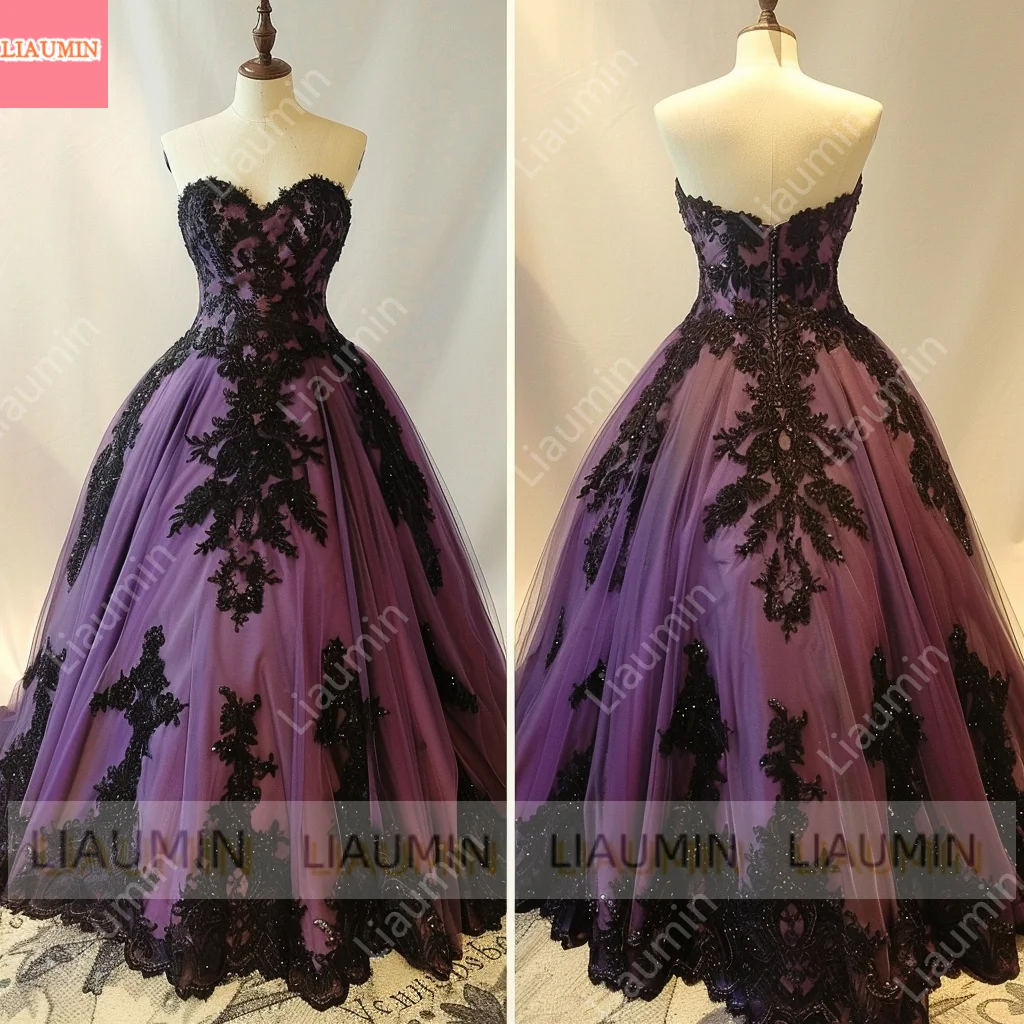 Purple and Black Lace Applique Sweetheart Strapless Ball Gown Full Length Evening Formal Party Prom Dress Customized W11-7