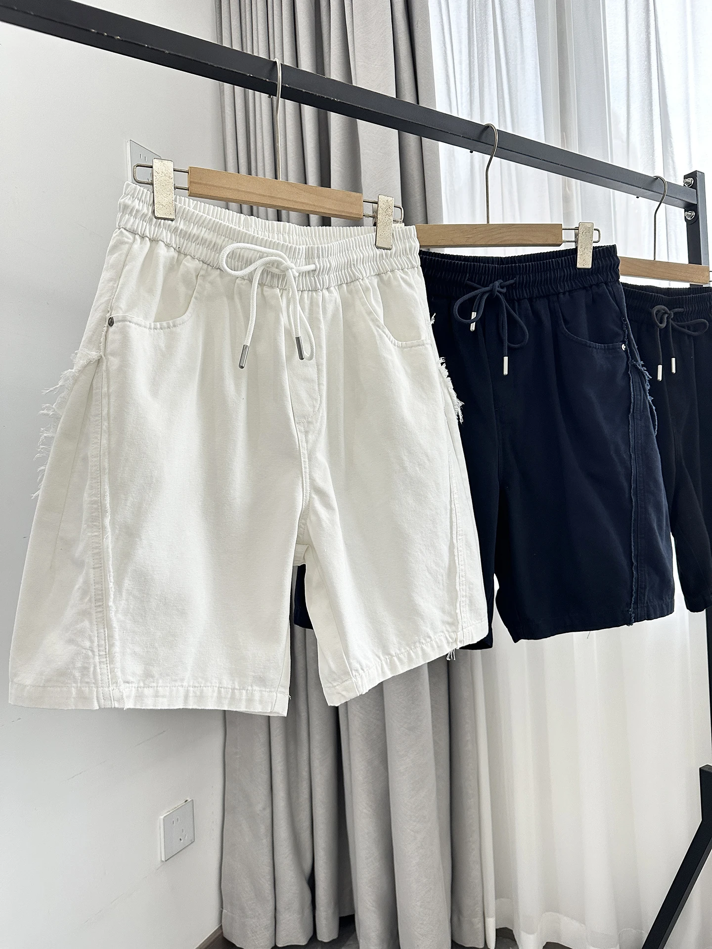 American Style Heavyweight Card Fabric Men's Loose Wide Leg Hem Stitched Elastic Waist Five Shorts Trendy Cotton Shorts