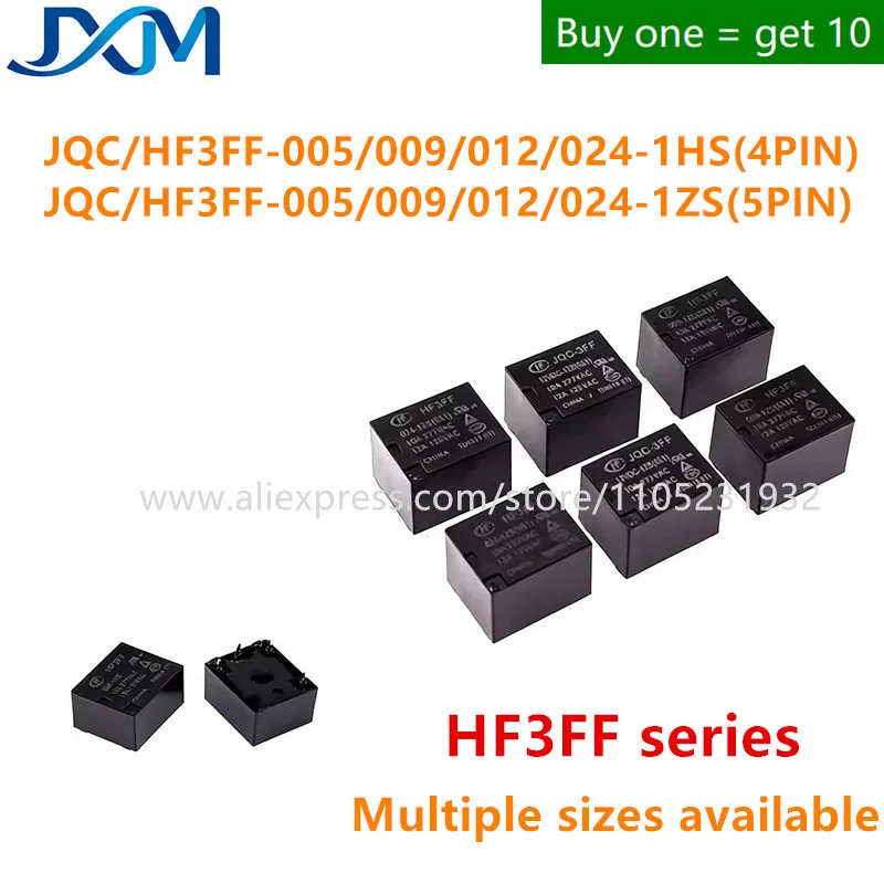 10pcs/lot JQC-HF3FF-005 009 012 024 12VDC-1HS 1ZS 4PIN 5PIN Relay Power Relays