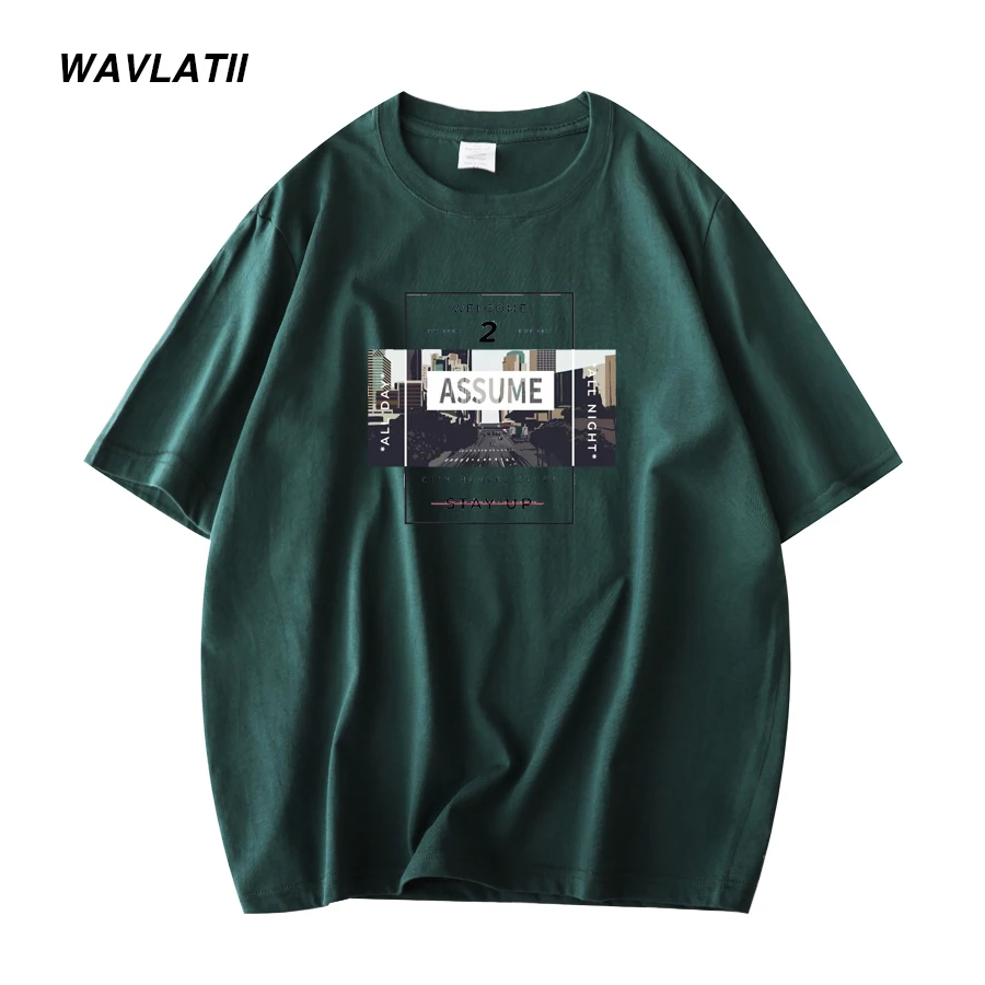 WAVLATII New Cool Print Cotton T shirts for Men Khaki O-neck Short Sleeve Tees Male Black White Summer Casual Tops WMT2303