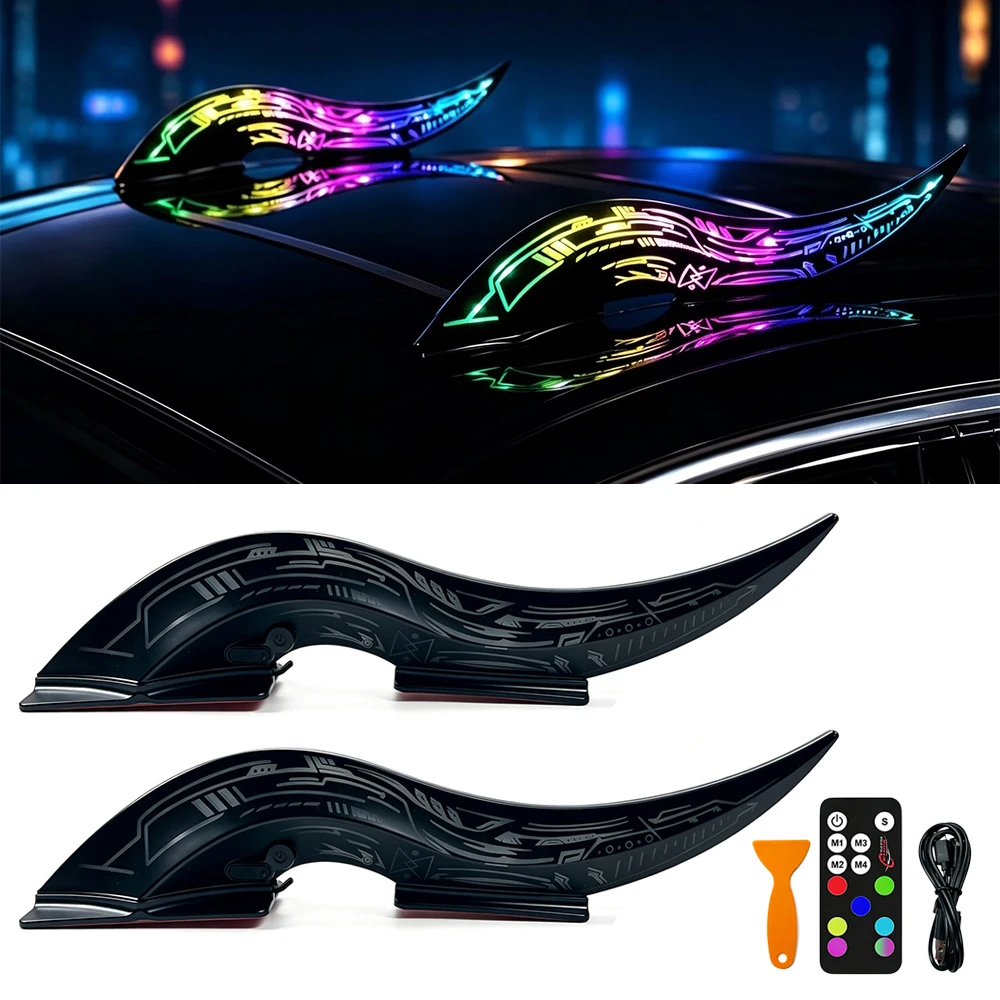 Décoration de toit de voiture avec cornes de dragon LED, effets lumineux dynamiques à 32 couleurs avec télécommande, décoration extérieure de voiture imperméable avec cornes de diable.