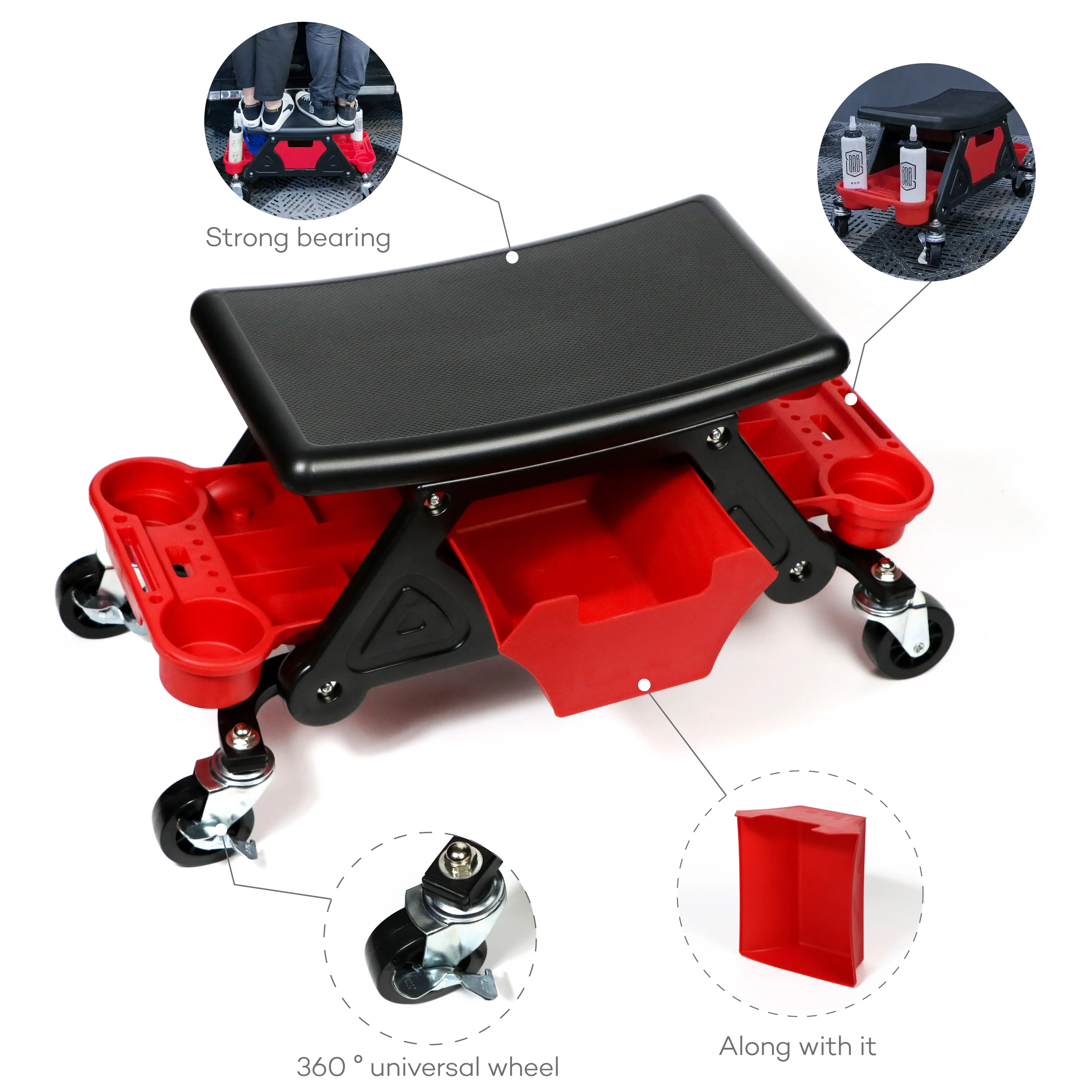 Mechanic Stool 300 LBS Capacity Garage Stool Gift for Men, Heavy Duty Rolling Mechanics Seat, with Three Slide Out Tool Trays