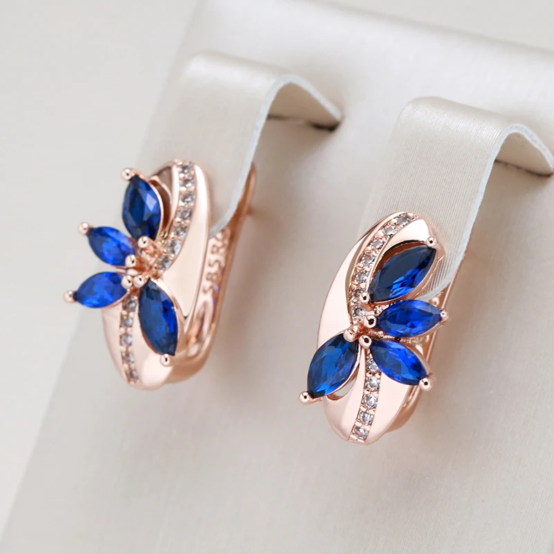 Kinel New Blue Natural Zircon Flower Drop Earring for Women 585 Rose Gold Vintage Ethnic Bride Wedding Jewelry Party Accessories