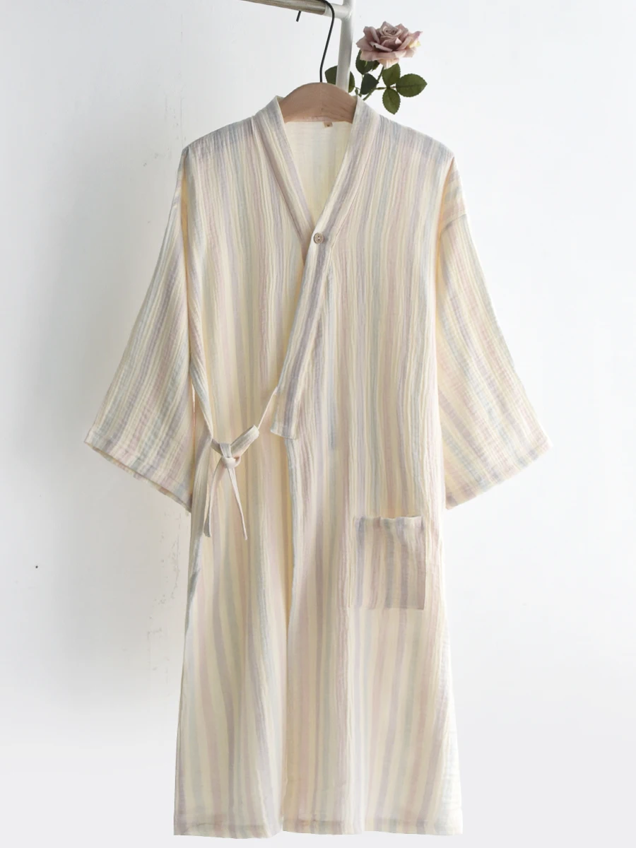 純綿着物ローブ女性の春夏秋薄いルーズコットンテリースウェットバスローブホーム服ナイトガウンレインボーストライプ 1