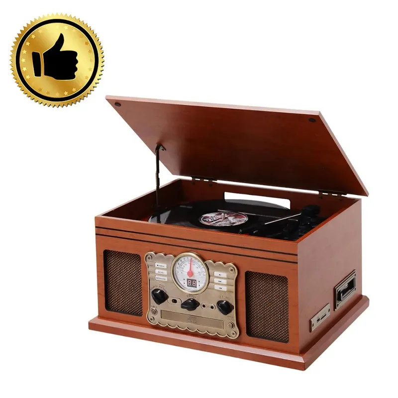 Latest 2024 model  Wooden Turntable With Built-in Speakers Bluetooth AM FM Radio USB Play Vinyl Record Player