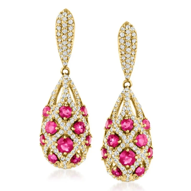 Elegante Rote Zirkon-Rubin Tropfenohrringe Luxuriöse Mode Kupfermaterial Hängeohrringe Geometrisches Design Charm-Schmuck