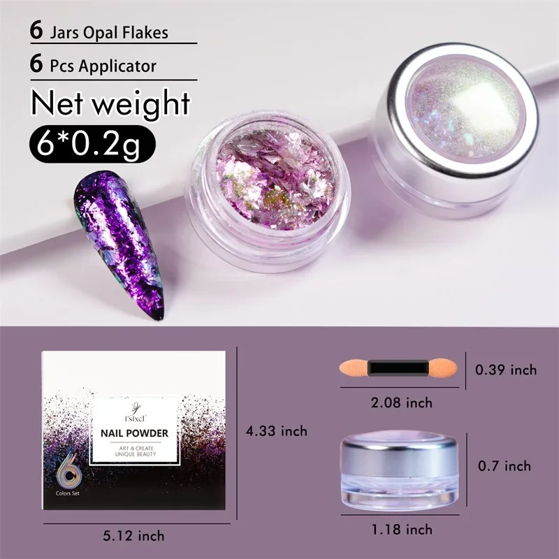 FSIXCL 6-kleuren set nagels reflecterende Aurora opaal vlokken poeder manicure ontwerp nagelkunst decoratie doe-het-zelf materiaal dikke glitter