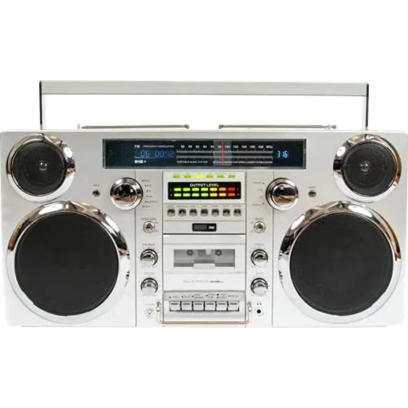 Wireless Stereo Speaker Silver 1980s Style Portable Boombox CD Player Cassette Player FM Radio USB Input - view 4