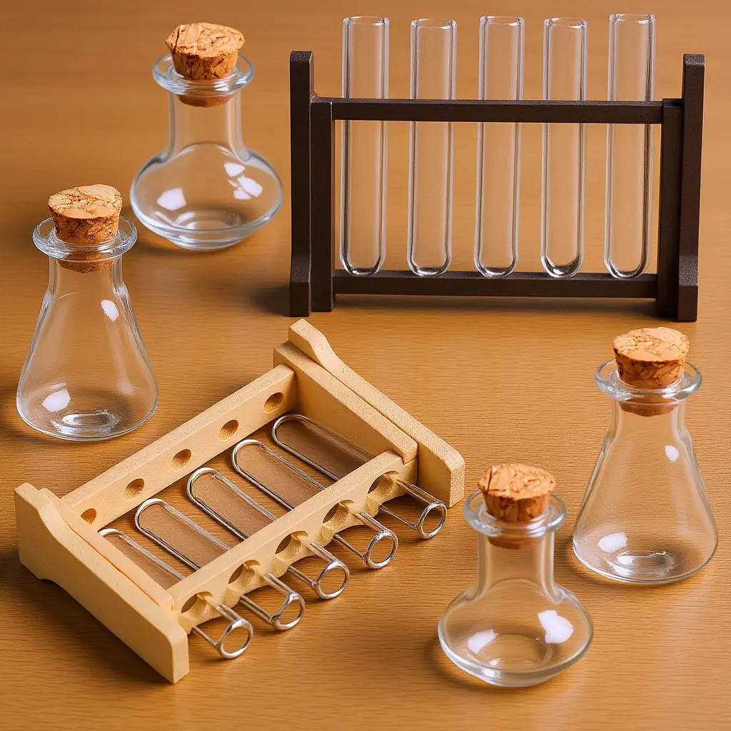 

2Sets Miniature Test Tubes Glass Wooden Rack Simulation Educational Accessories Mini House Scene Decoration Small House Props