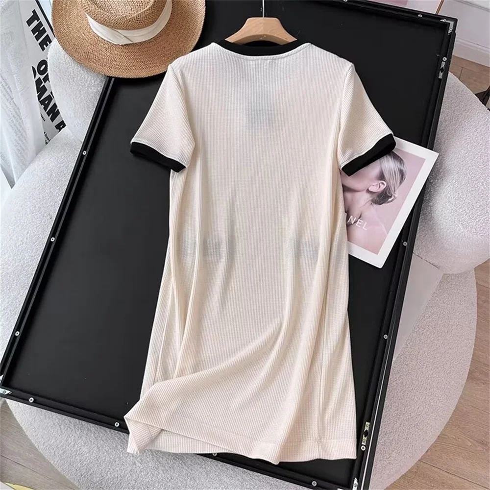 Cos Lris 2024 Summer Women\'s Clothing Small Fragrance Style Contrast Color Splicing Round Neck Dress Short Skirt