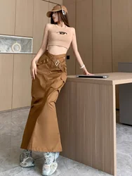 High Quality Cross Belt Cargo Skirt Woman 2024 Fashion Split Long Skirt Y2k Streetwear Solid Color Goth Skirt Women Clothing