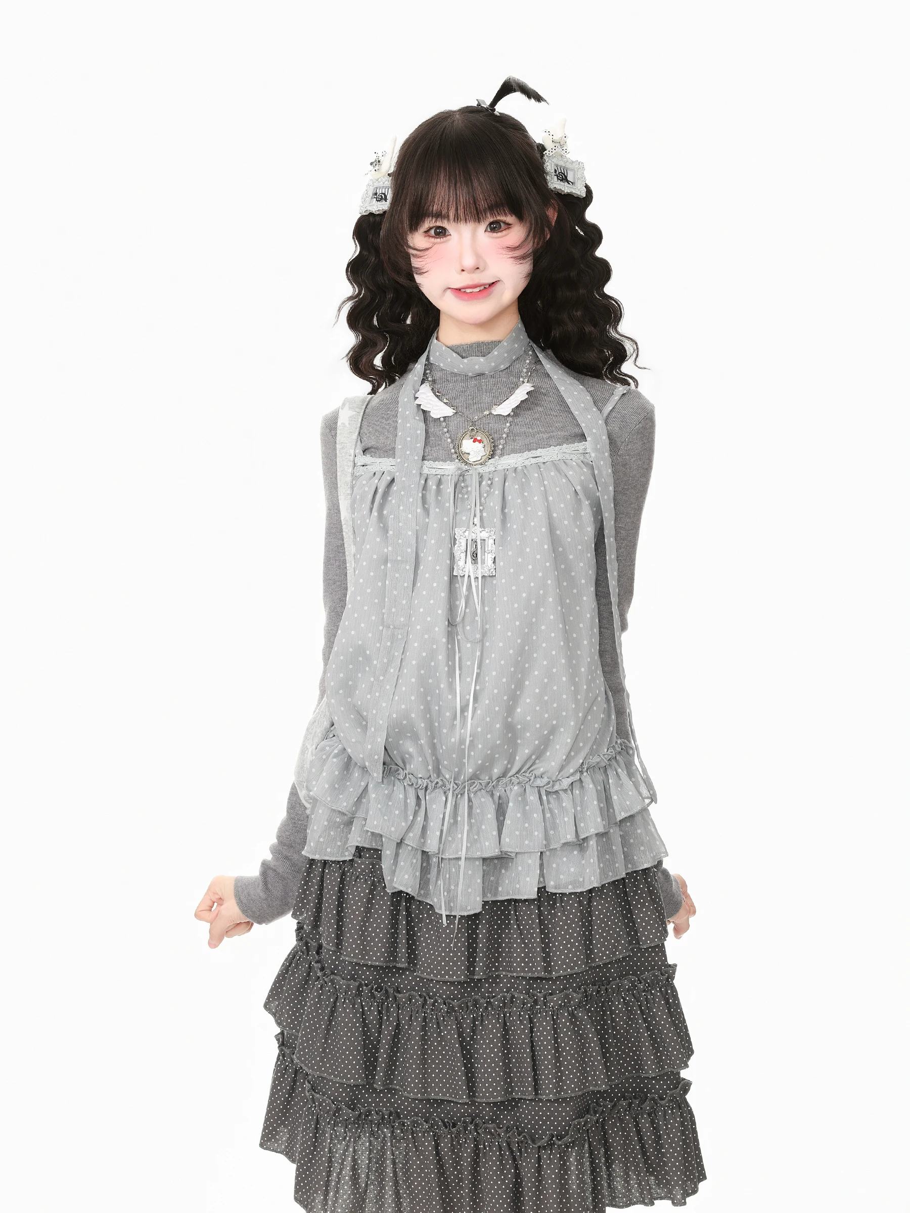 Blue Ghost Park Languid Park Polka Dot Dress And Base Shirt Two-Piece Set Women's Fashionable Autumn Set Casual Style T-Shirt