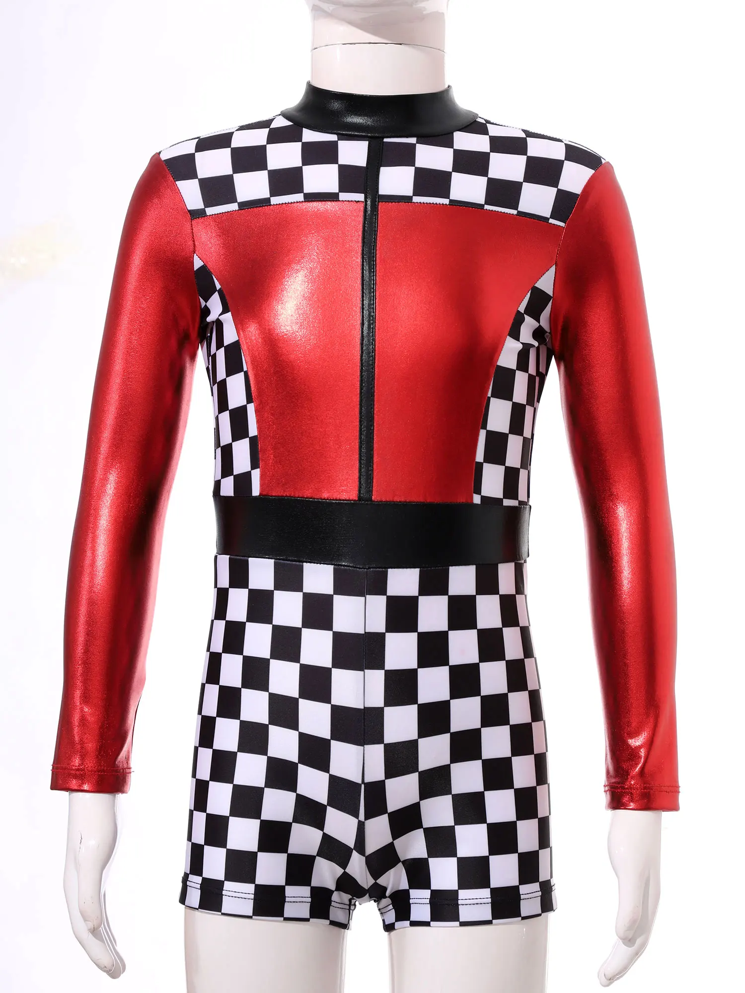 Bodysuit de corrida para crianças, Traje Racer, Manga comprida, Impressão quadriculada, Zipper Macacão Curto, Carnival Party Cosplay, Meninas