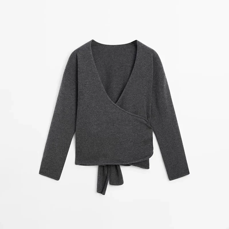 

Ethereal costume 2025 massidutti winter new style of Women's fashion grey slim-fit wool blend V-neck tie knit cardigan jacket