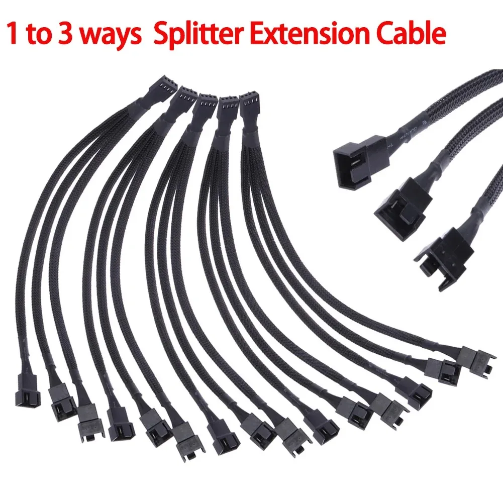 5-1PCS 4 Pin PWM Fan Cable 1 to 3 Ways Splitter Black Sleeved Extension Cable PMW Fan Connector Cord Lines Computer Wires