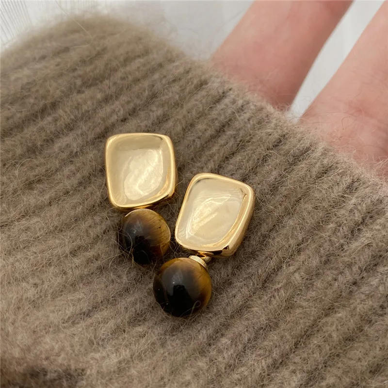 2023 New Europe Style Geometric Metal Tiger Eye Stone Earrings For Women Personality Drop Earrings Jewelry Gift