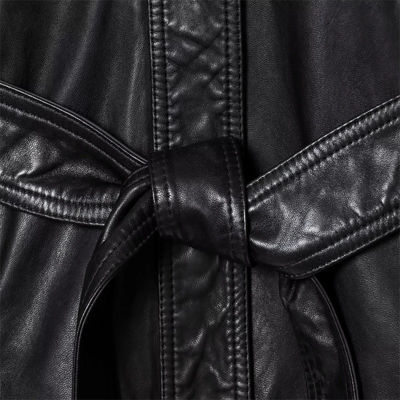 With Belt - Lapel Collar, Over sized Style, Vintage Inspired Motorcycle Coat Women's Black Leather Jacket