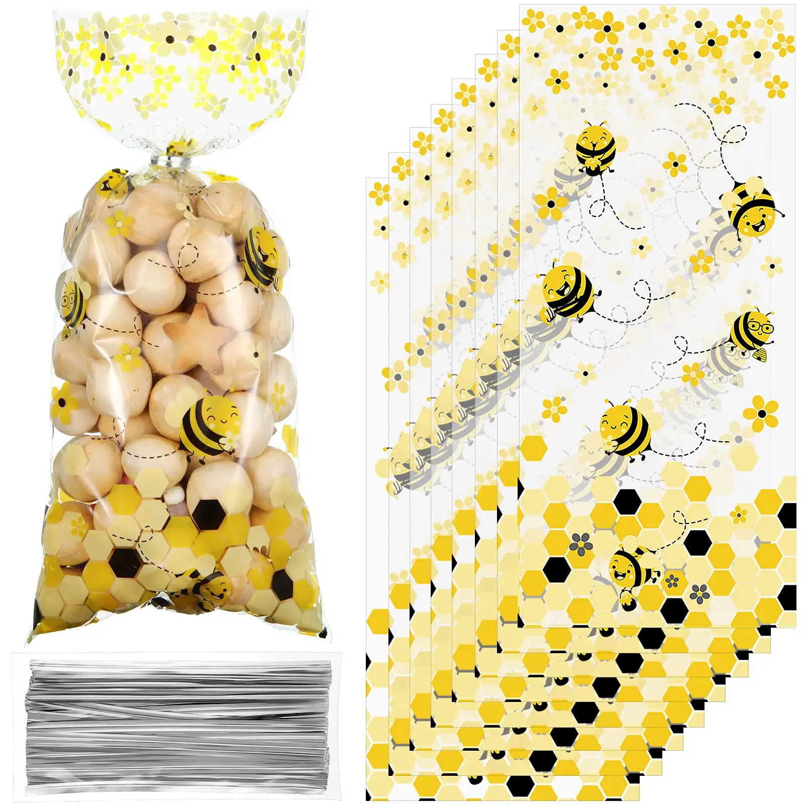 10-50pcs Bee Cellophane Gift Bags Plastic Candy Bag Bee Theme Baby Shower Birthday Party Decoration