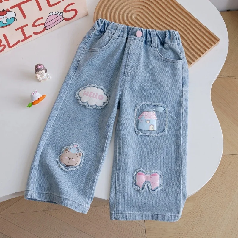 

Girls Autumn Jeans 2026 New Trousers for Children's Baby Cute Print Casual Versatile Straight Wide-leg Pants 2-7 Years Old